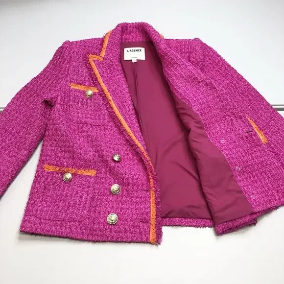 L'AGENCE Hot Pink Tweed Double-Breasted Blazer with Orange Trim - Picture 3 of 13